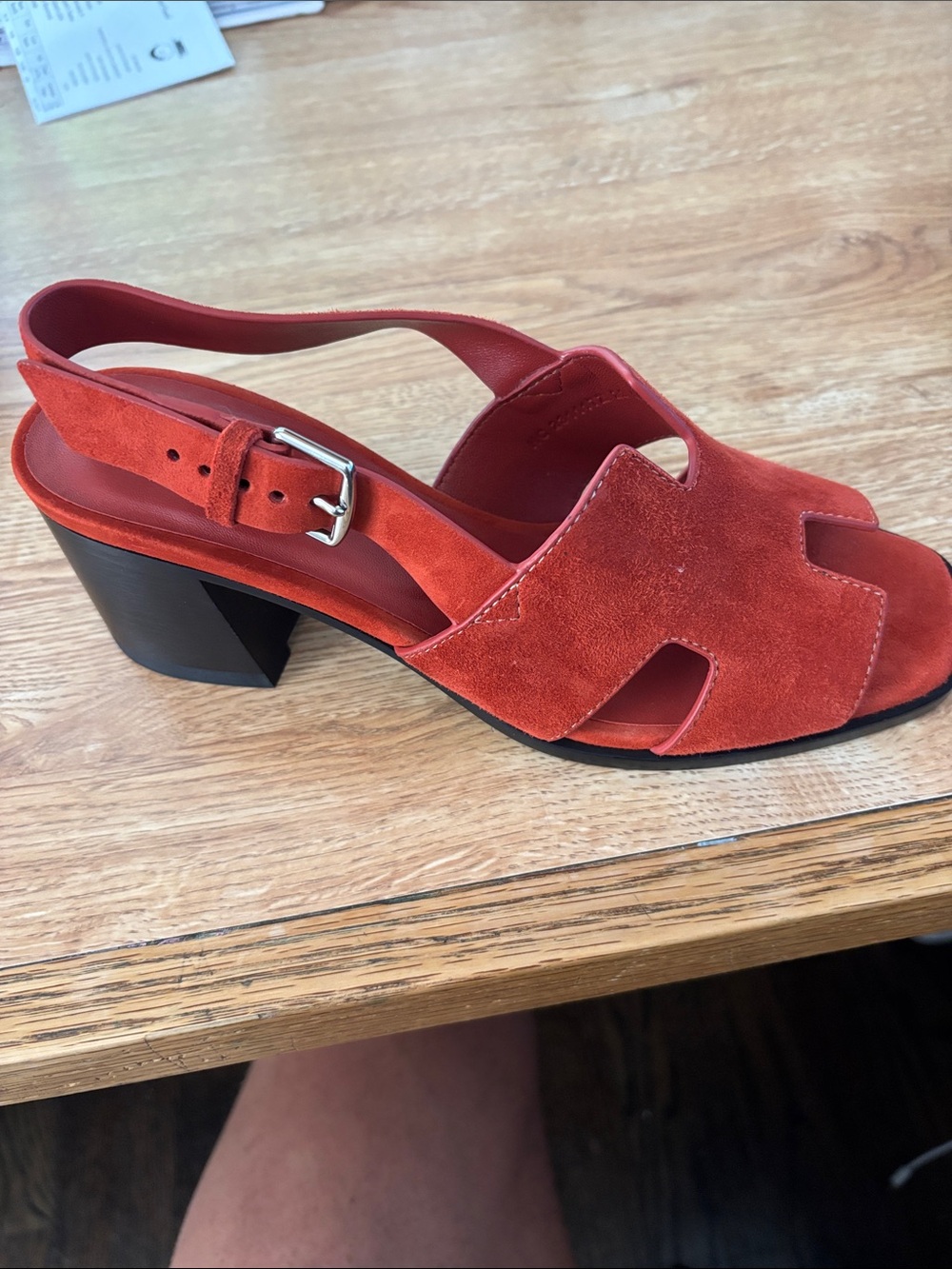 Hermes Paris Women's Red Suede Slingback Block Heel Sandal, Brand New, Size 38.